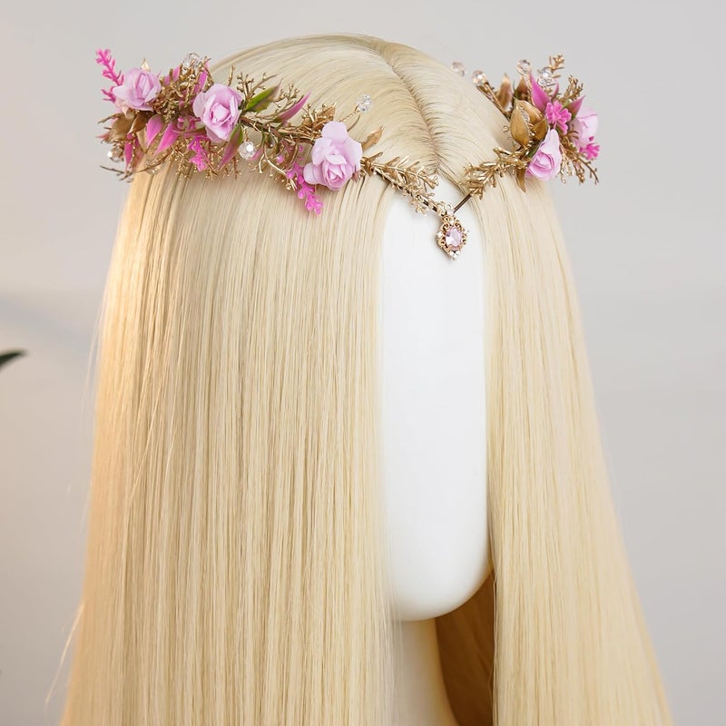 MOSTORY Pink Flower Fairy Crown - Elf Floral Headpiece Woodland Circlet for Fairycore Aesthetic Women, Elven Forest Headband for Renaissance Renfaire Cosplay Photo Shoot - Image 3